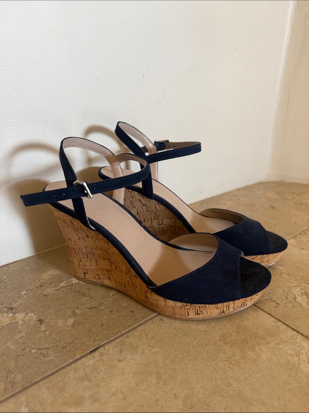 Charles David Navy Suede Cork Wedge Sandals with Ankle Strap